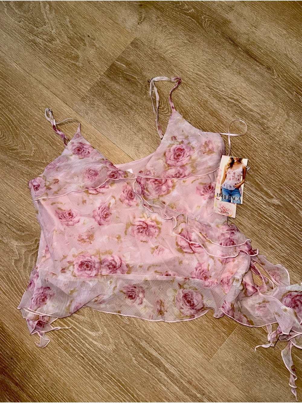 Sheer Pink Floral Tie-Detail Camisole Top